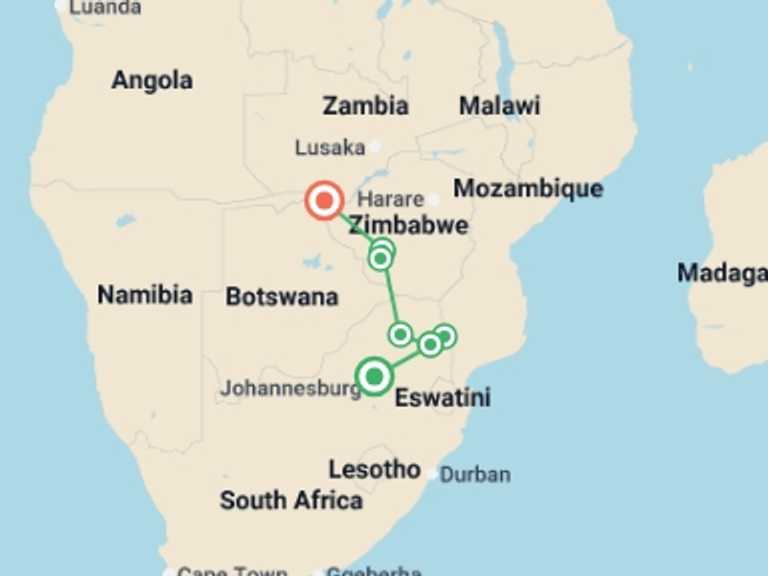 Map of Africa Tour with 7 destination visits for the trip: 7-day Kruger  Matobo Rhino Encounter Accommodated