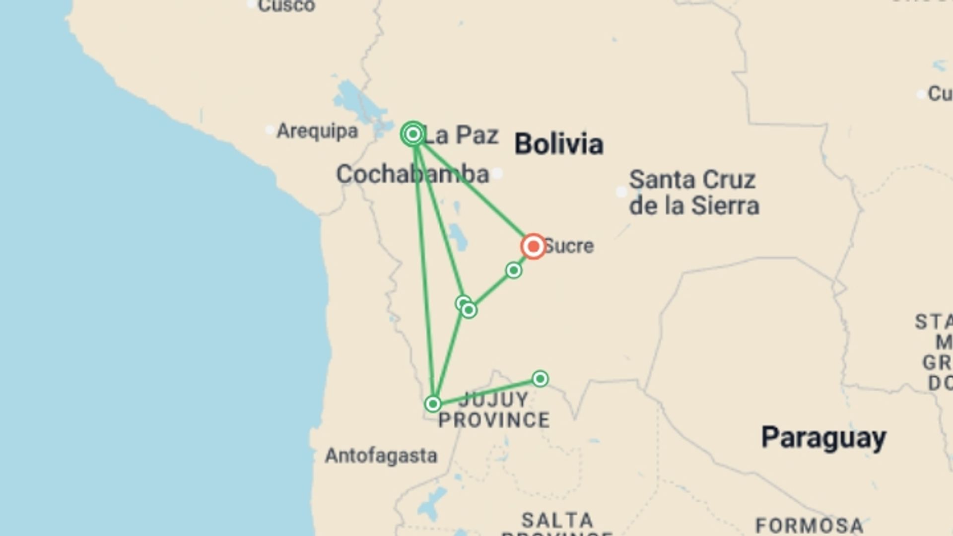 A map showing the tour itinerary for the trip: Complete Bolivia Highlights 12D/11N, starting in La Paz, Bolivia and ending in Sucre, Bolivia going through 4 other destinations.
