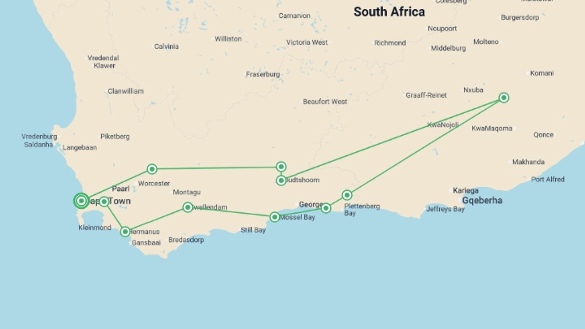 A map showing the tour itinerary for the trip: Cape Town & the Garden Route, starting in Cape Town, South Africa and ending in Cape Town, South Africa going through 5 other destinations.
