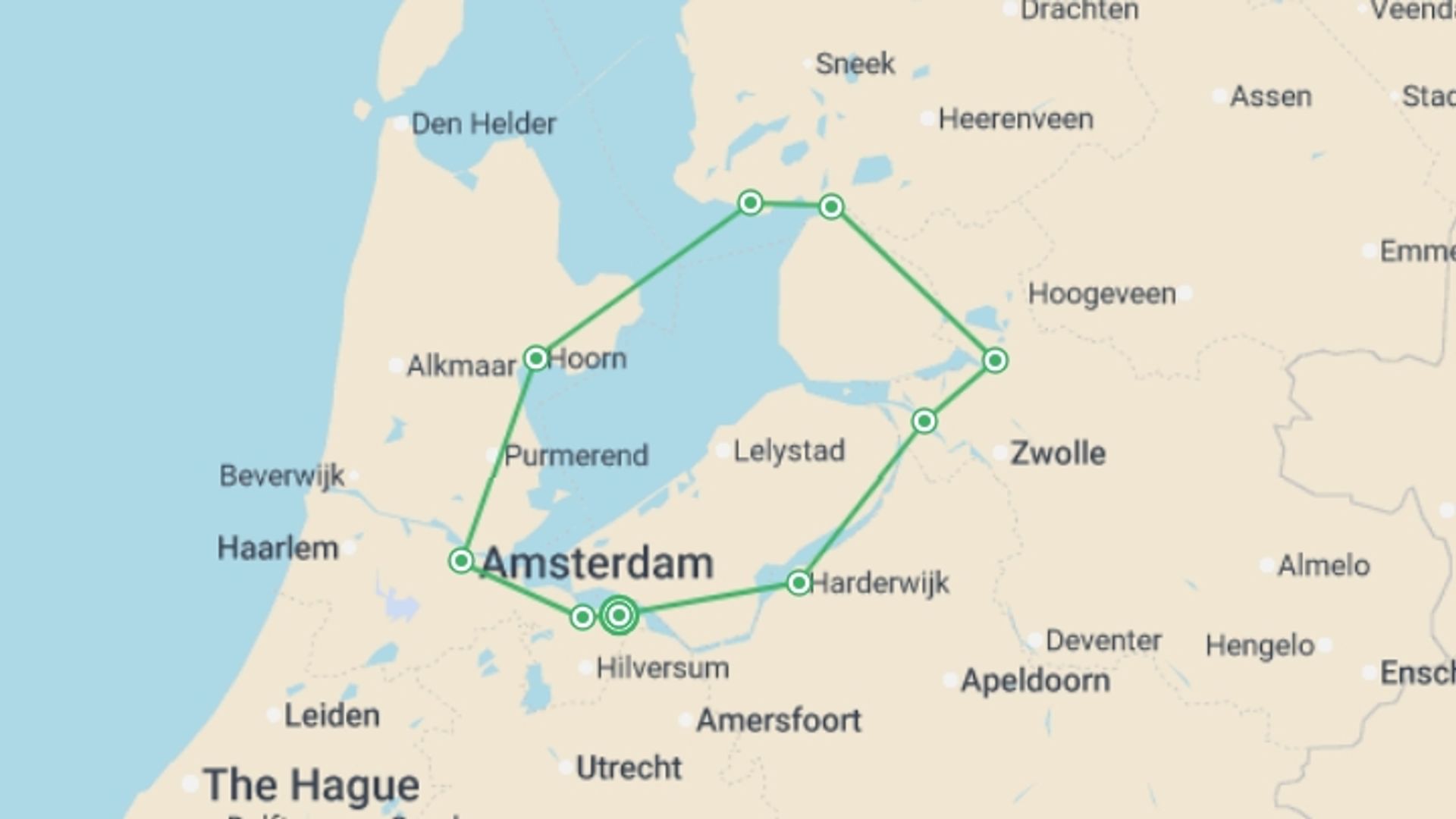 A map showing the tour itinerary for the trip: Amsterdam and Lake IJssel Cycle, starting in Huizen, Holland and ending in Huizen, Holland going through 5 other destinations.
