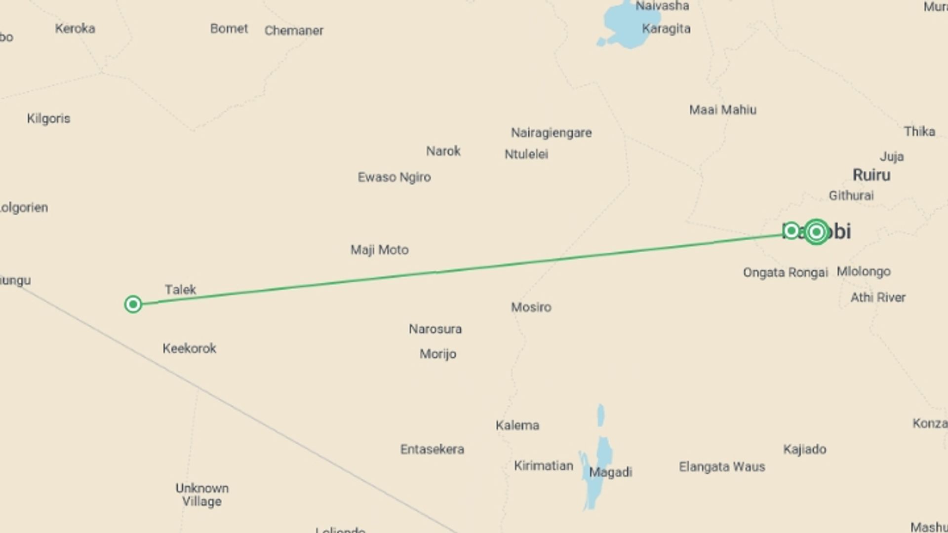 A map showing the tour itinerary for the trip: Kenya Safari, starting in Nairobi, Kenya and ending in Nairobi, Kenya going through 2 other destinations.