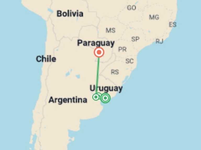 Map of South America Tour with 5 destination visits for the trip: Buenos Aires, Uruguay and Asunción Exploration