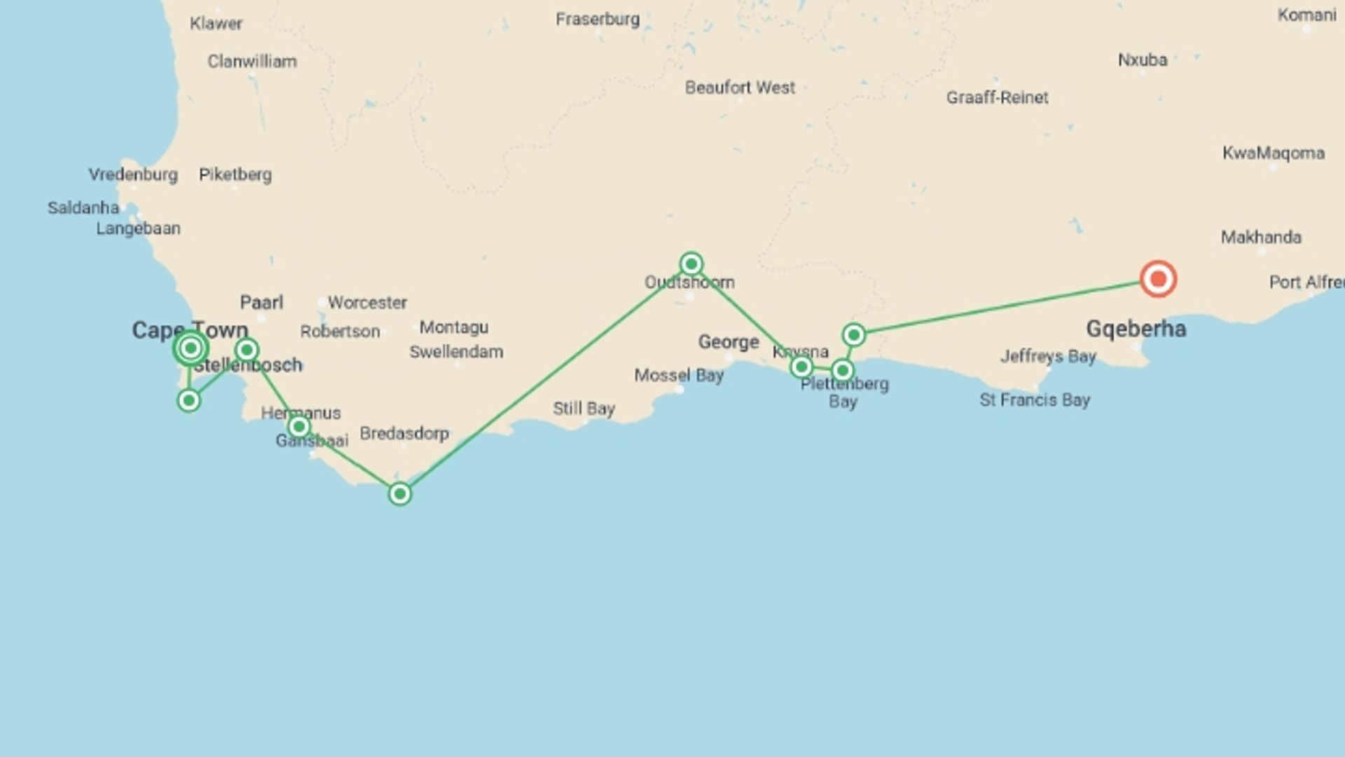A map showing the tour itinerary for the trip: South Africa's Garden Route, starting in Cape Town, South Africa and ending in Addo Elephant National Park, South Africa going through 8 other destinations.