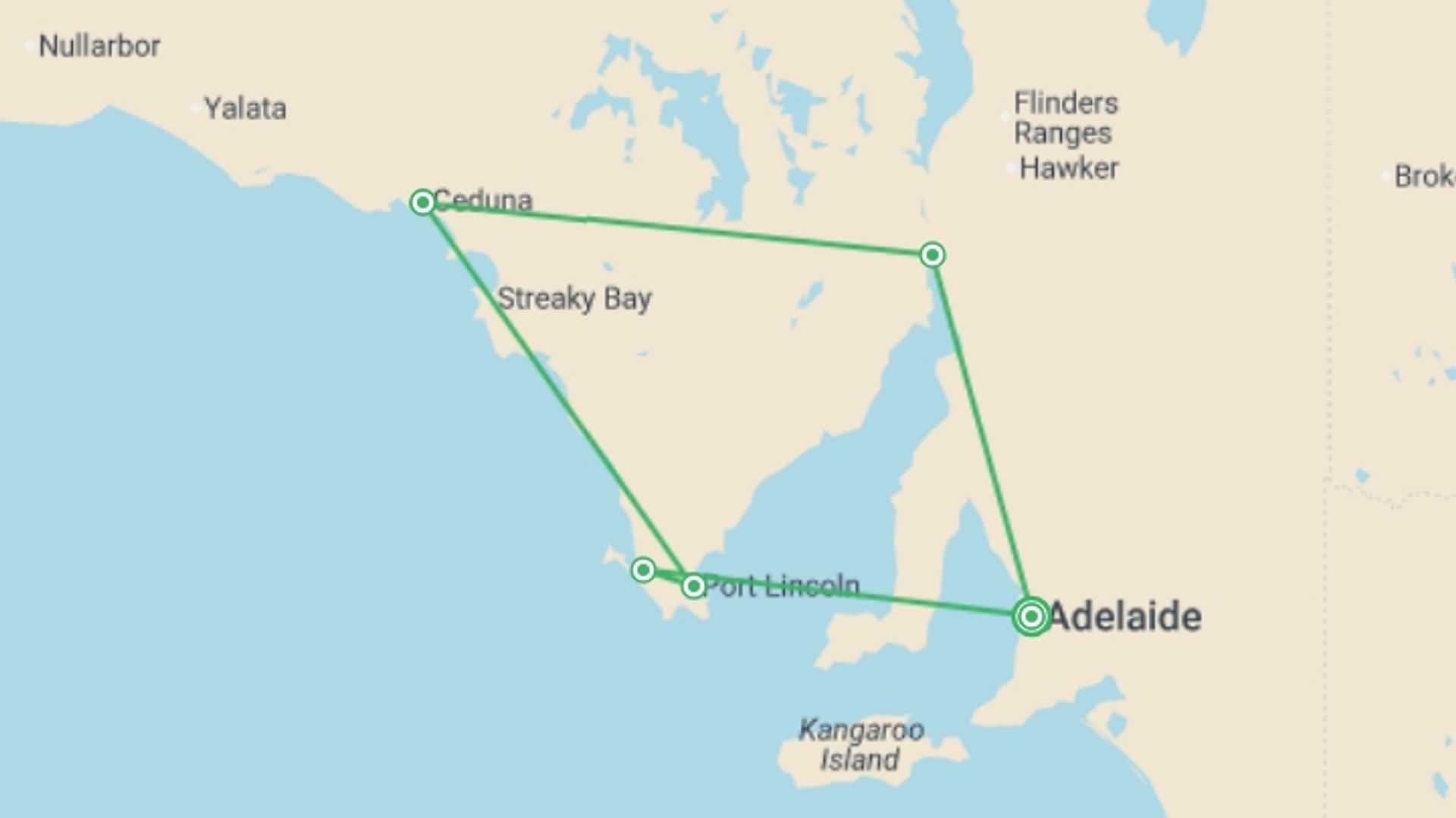 A map showing the tour itinerary for the trip: South Australian Eyre Peninsula Escape, starting in Adelaide, Australia and ending in Adelaide, Australia going through 4 other destinations.