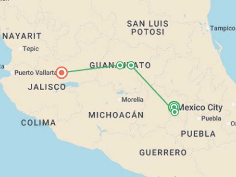 Map itinerary of Mexico Tour in January 2027 with 5 destination visits for the trip: The Heart of Mexico