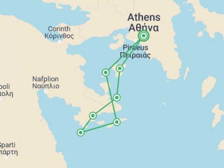 Map of Athens Sailing, yachting and motor boating Tour with 7 destination visits for the trip: Sail & Swim: Greece