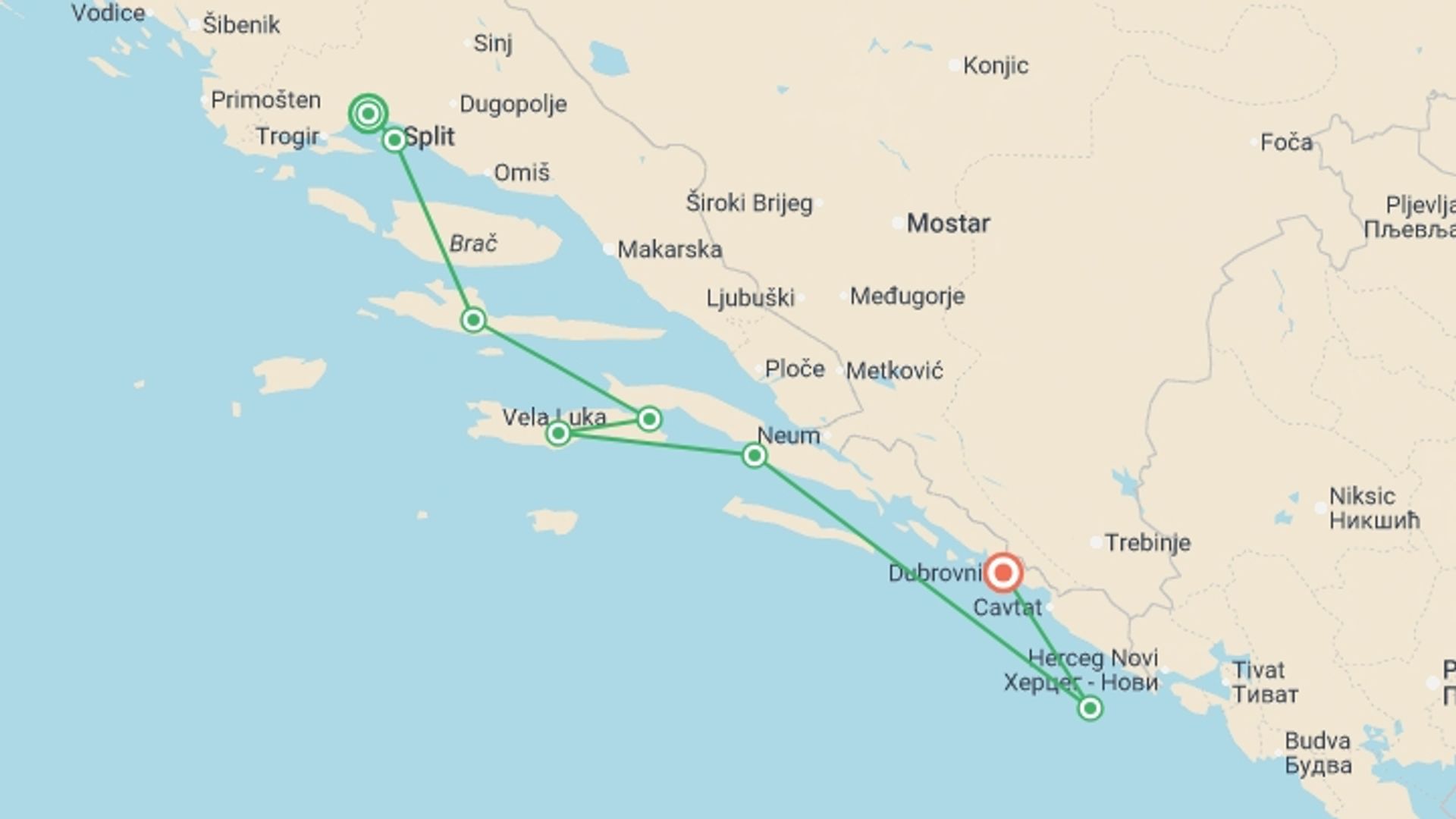 A map showing the tour itinerary for the trip: Cycle the Dalmatian Coast, starting in Kastel Kambelovac, Croatia and ending in Dubrovnik, Croatia going through 6 other destinations.