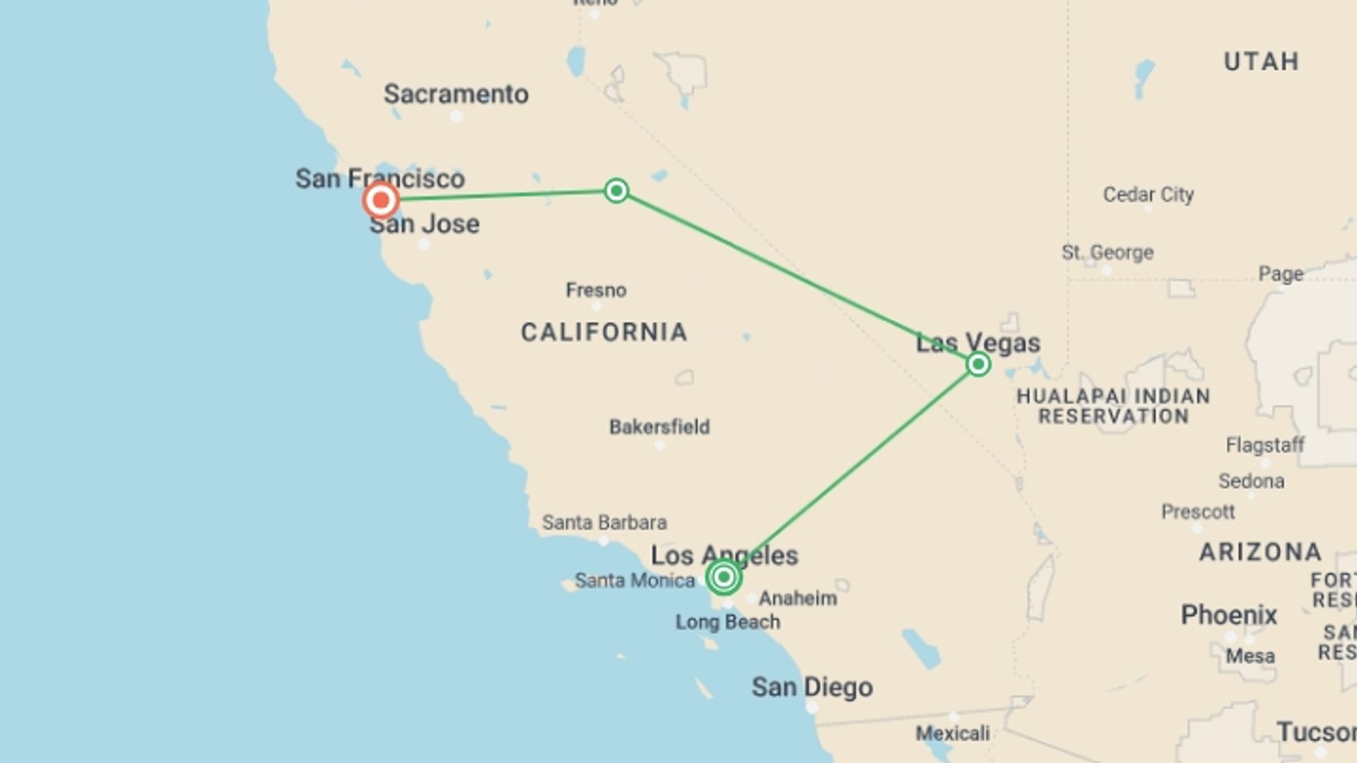 A map showing the tour itinerary for the trip: Get Social: USA West Coast Express , starting in Los Angeles, USA and ending in San Francisco, USA going through 2 other destinations.