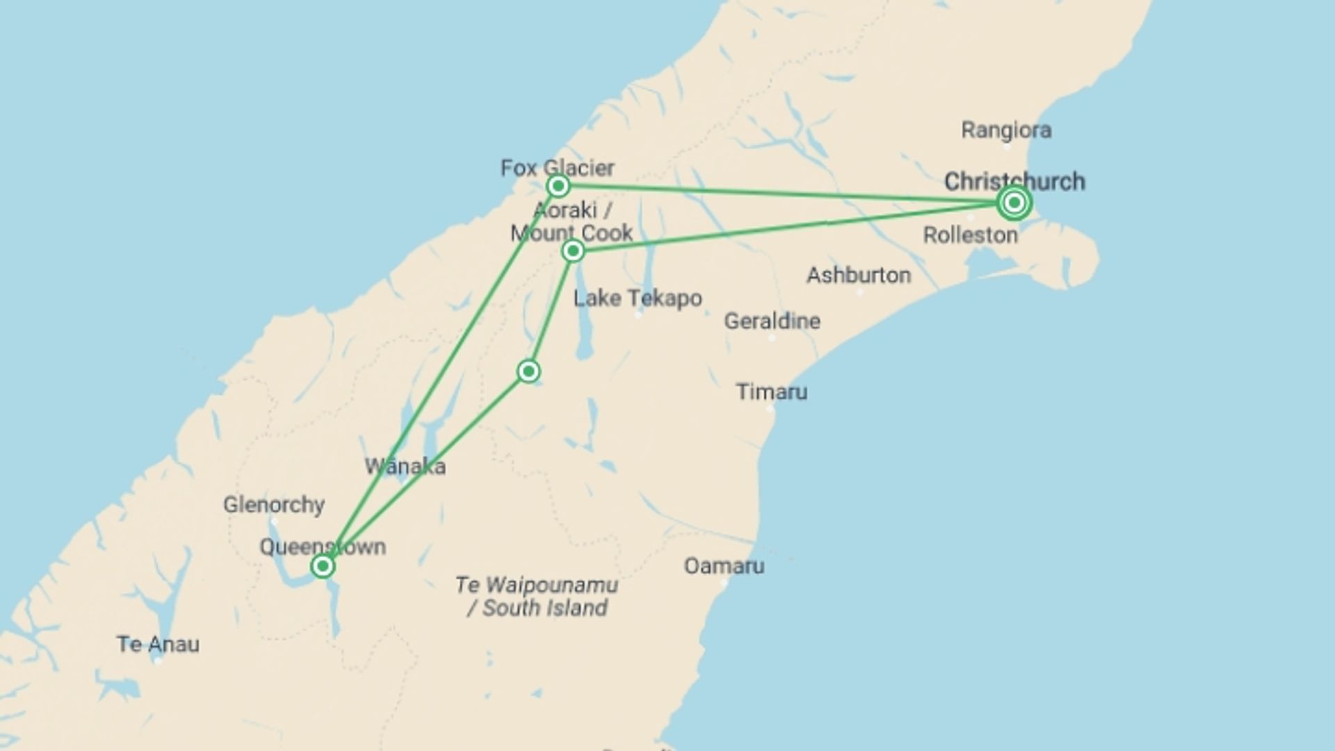 A map showing the tour itinerary for the trip: Active New Zealand, starting in Christchurch, New Zealand and ending in Christchurch, New Zealand going through 4 other destinations.