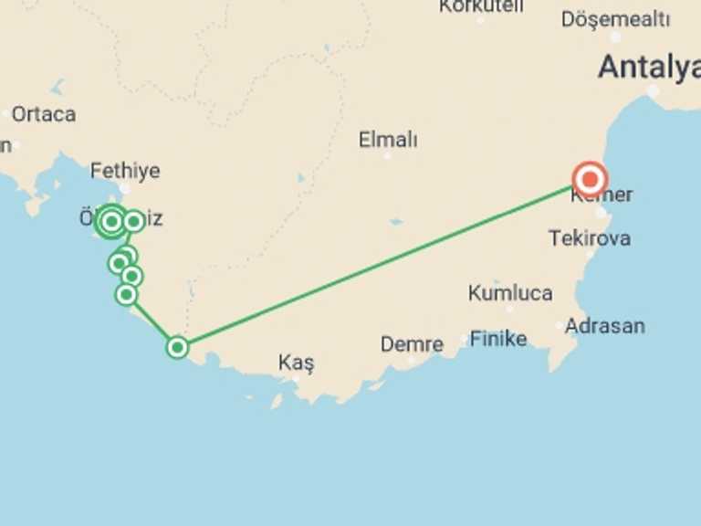 Map of Turkey Trekking and Hiking Tour with 9 destination visits for the trip: Lycian Way West