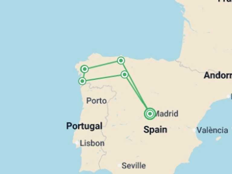 Map of Europe Tour with 6 destination visits for the trip: Madrid, Santiago & Leon - 6 days