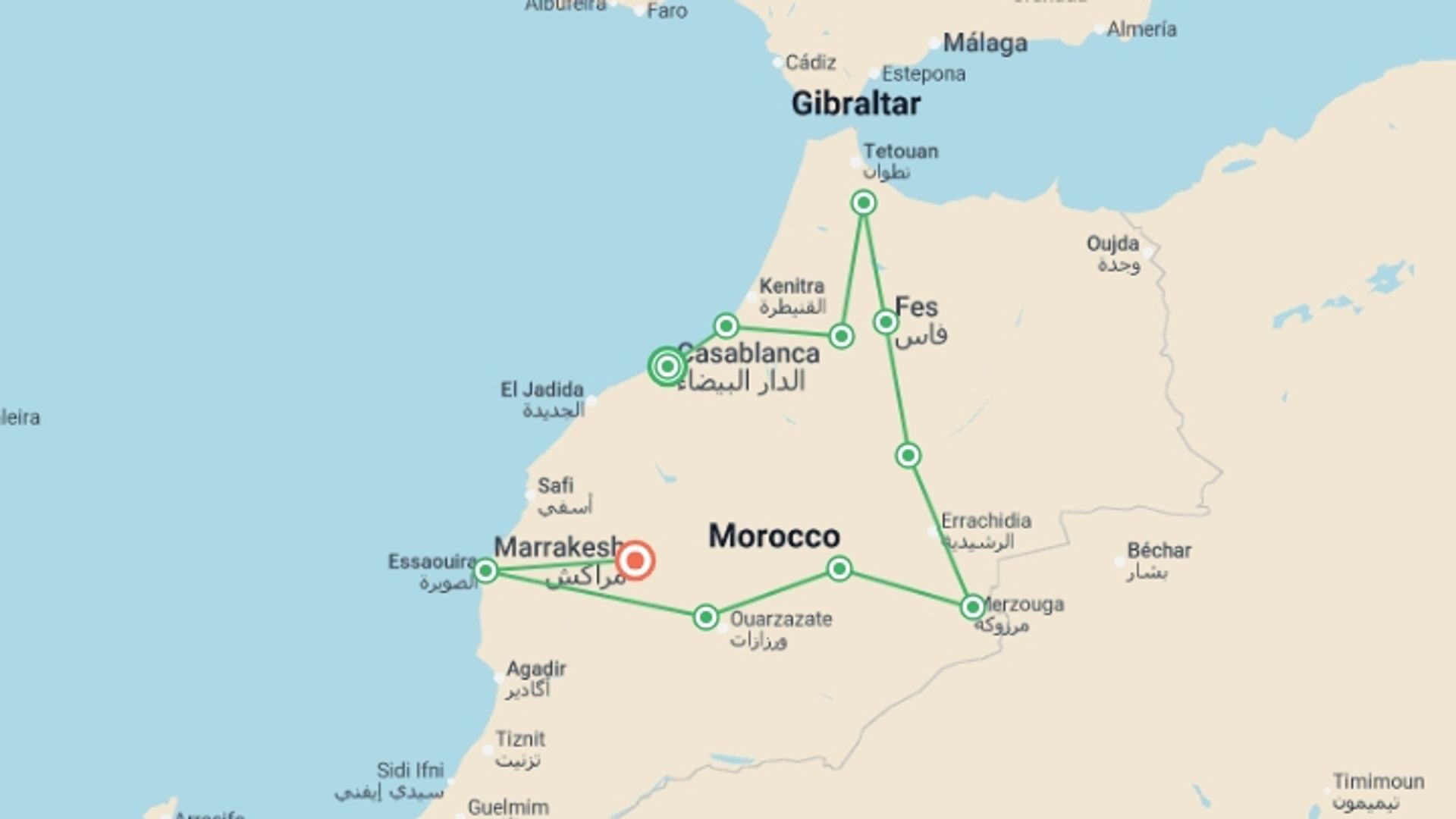 A map showing the tour itinerary for the trip: Camels, Souks & Kasbahs from Casa - 14 days, starting in Casablanca, Morocco and ending in Marrakech, Morocco going through 8 other destinations.