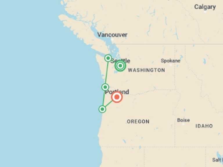 Map of a Cultural, religious and historic sites Tour with 5 destination visits for the trip: Scenic Seattle, Portland and Oregon Coast