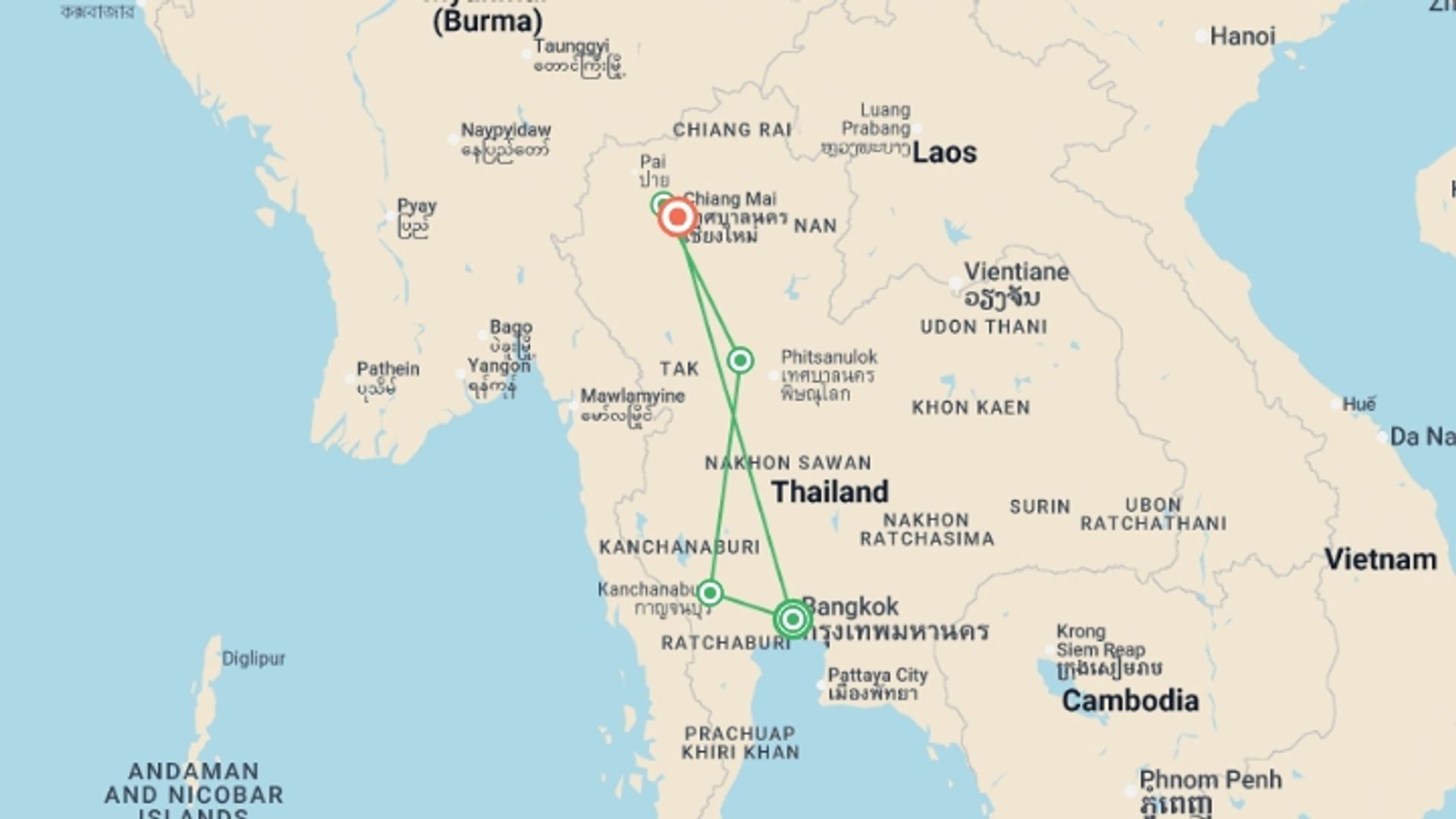 A map showing the tour itinerary for the trip: Highlights of Thailand, starting in Bangkok, Thailand and ending in Chiang Mai, Thailand going through 3 other destinations.