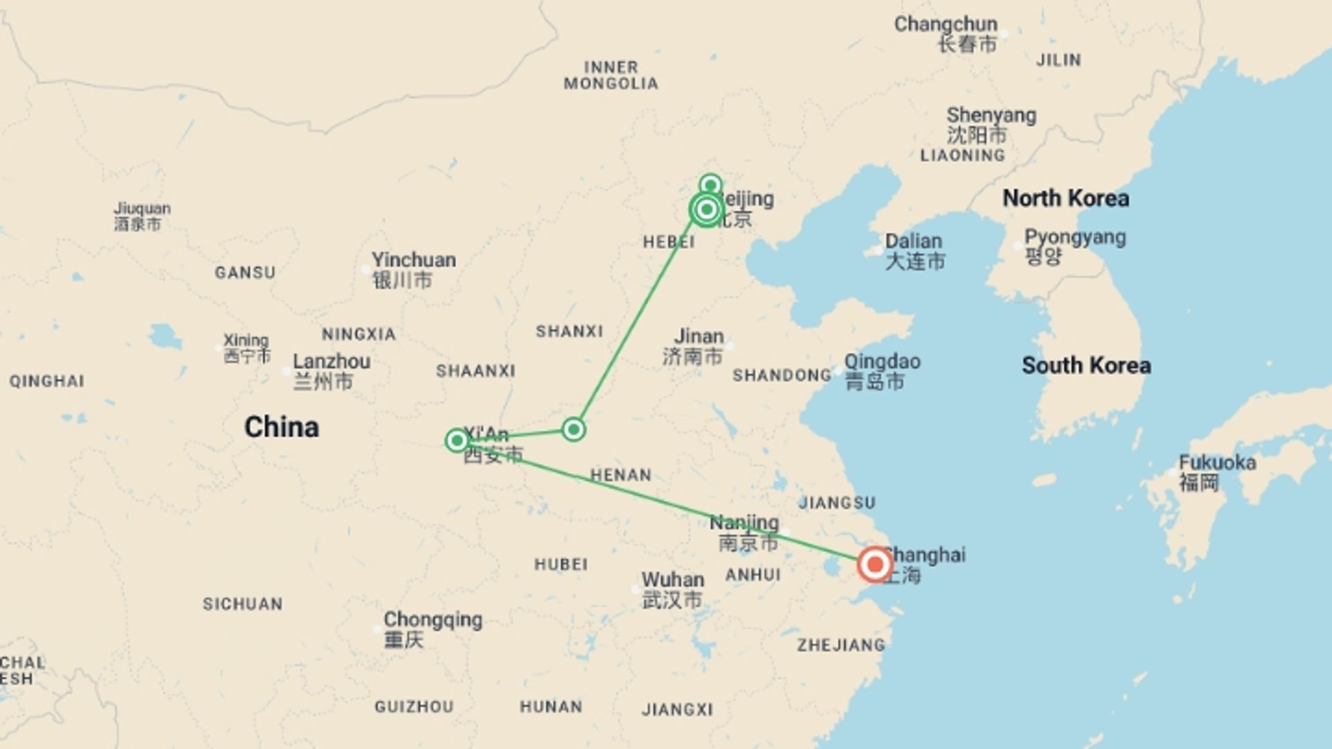 A map showing the tour itinerary for the trip: Great Wall & Warriors - 10 days, starting in Beijing, China and ending in Shanghai, China going through 4 other destinations.