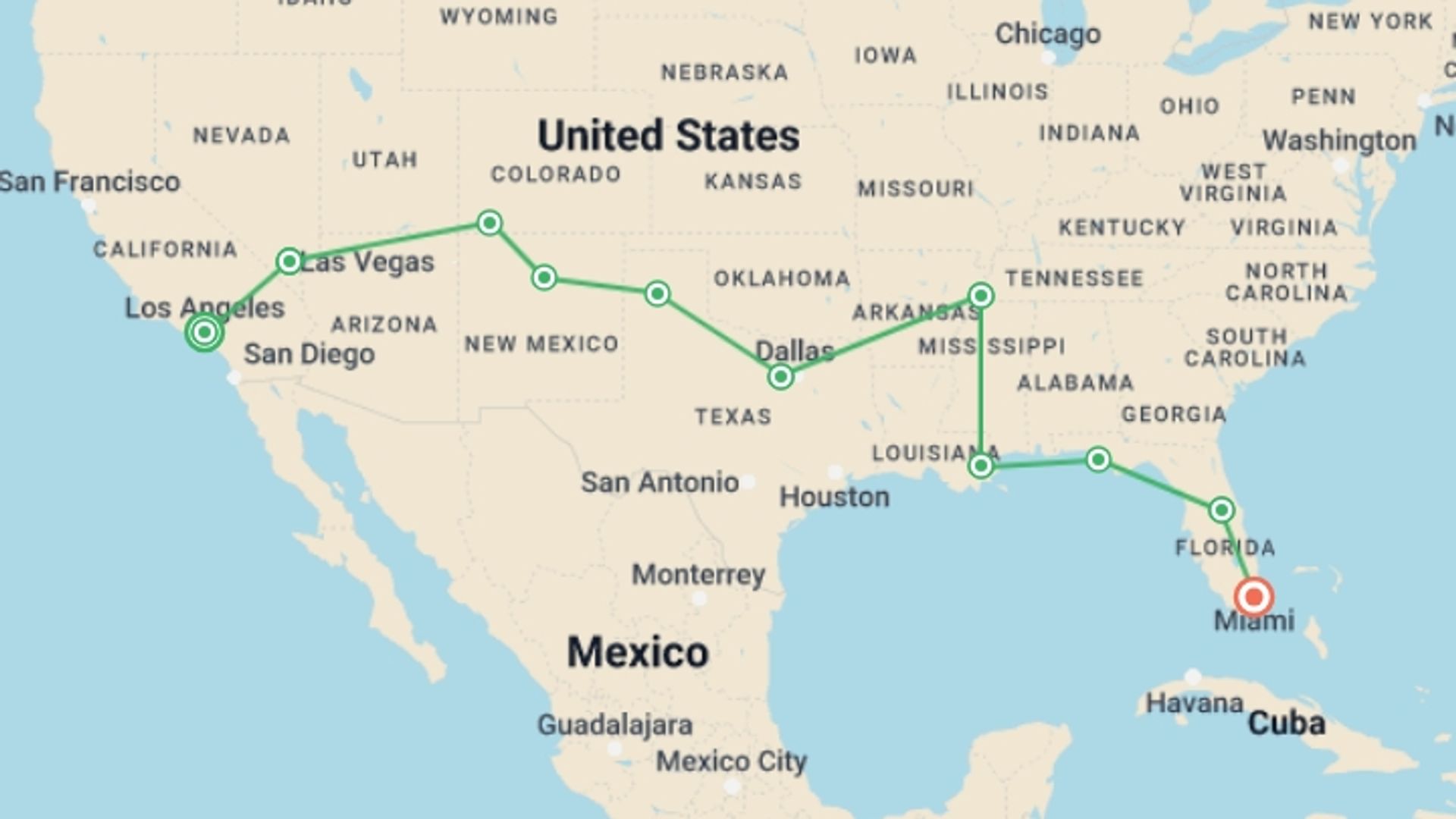 A map showing the tour itinerary for the trip: USA: LA to Miami, starting in Los Angeles, USA and ending in Miami, USA going through 9 other destinations.