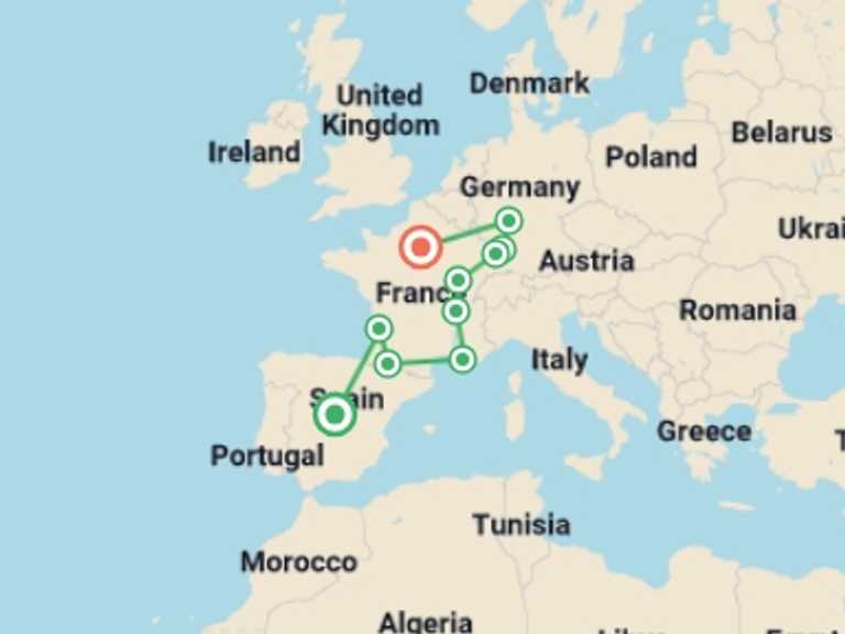 Map itinerary of Mediterranean Tour in Fall with 10 destination visits for the trip: Spain, Burgundy, Alsace and Black Forest