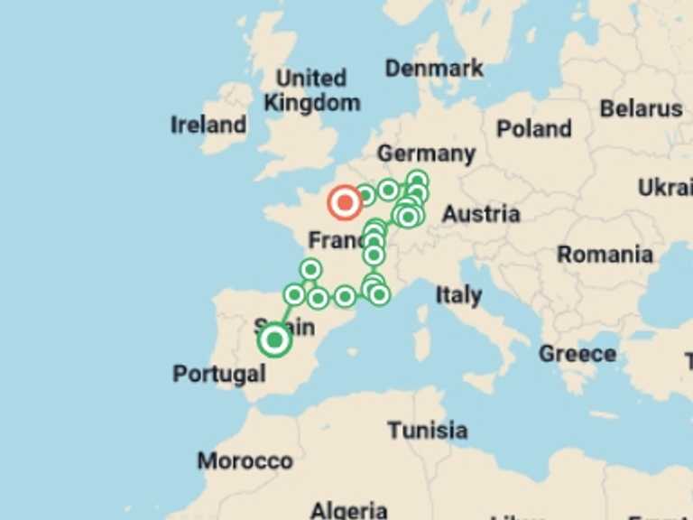 Map of Europe Tour with 10 destination visits for the trip: Spain, Burgundy, Alsace and Black Forest