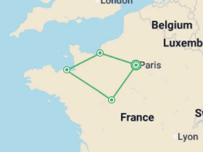 Map itinerary of France Tour in May 2026 with 4 destination visits for the trip: Normandy, Brittany & The Loire Valley