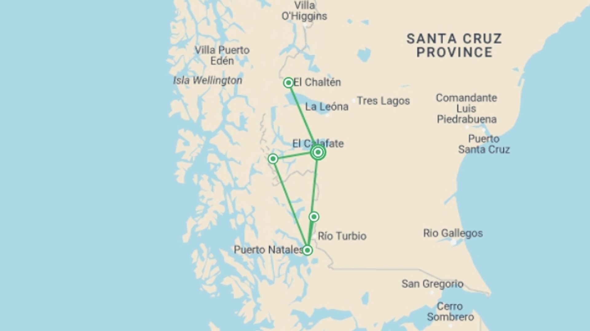 A map showing the tour itinerary for the trip: Fixed Group Tour: Patagonia Essentials , starting in El Calafate, Argentina and ending in El Calafate, Argentina going through 5 other destinations.