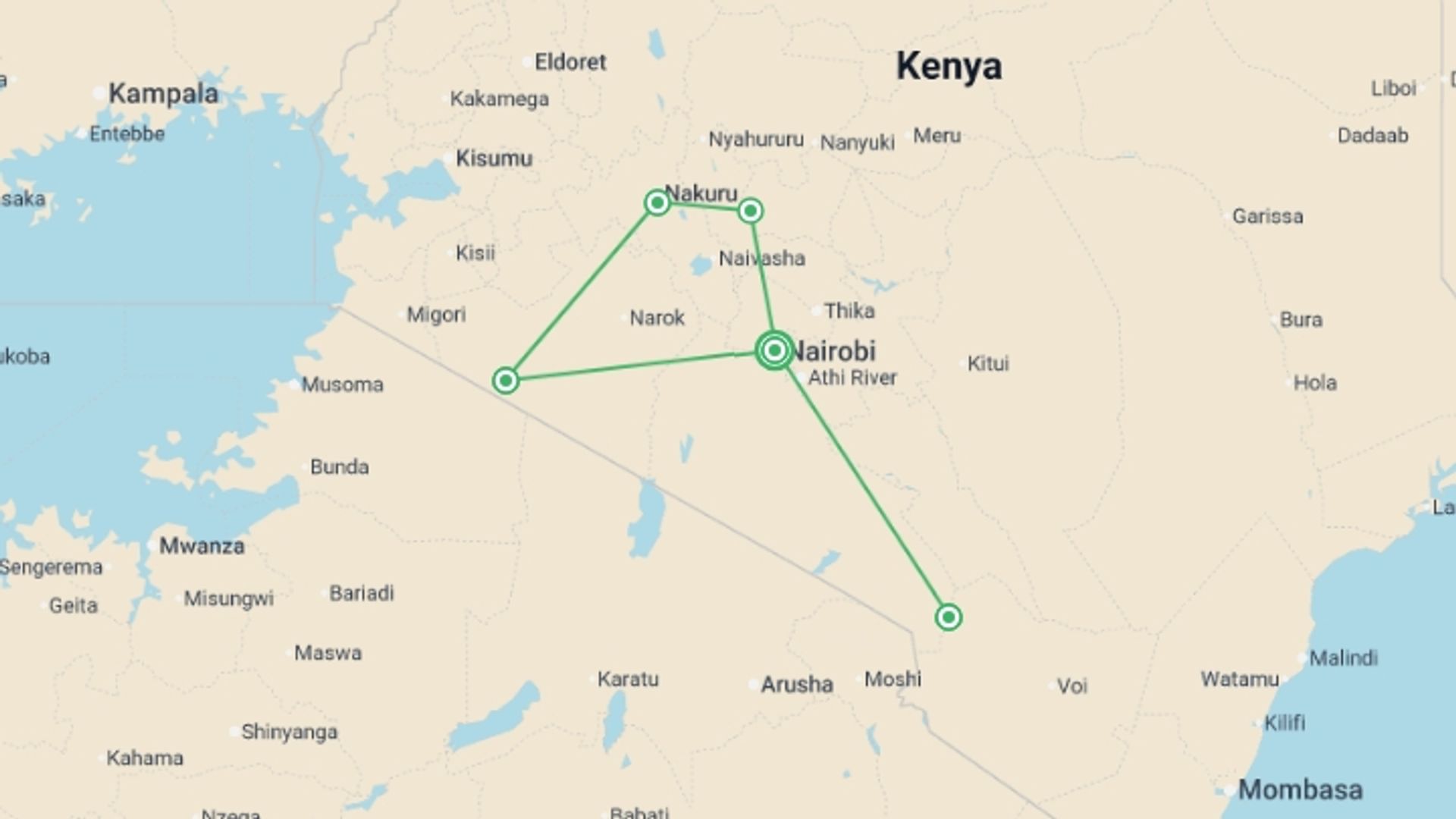 A map showing the tour itinerary for the trip: Upgraded - Highlights of Kenya & Tsavo, starting in Nairobi, Kenya and ending in Nairobi, Kenya going through 4 other destinations.