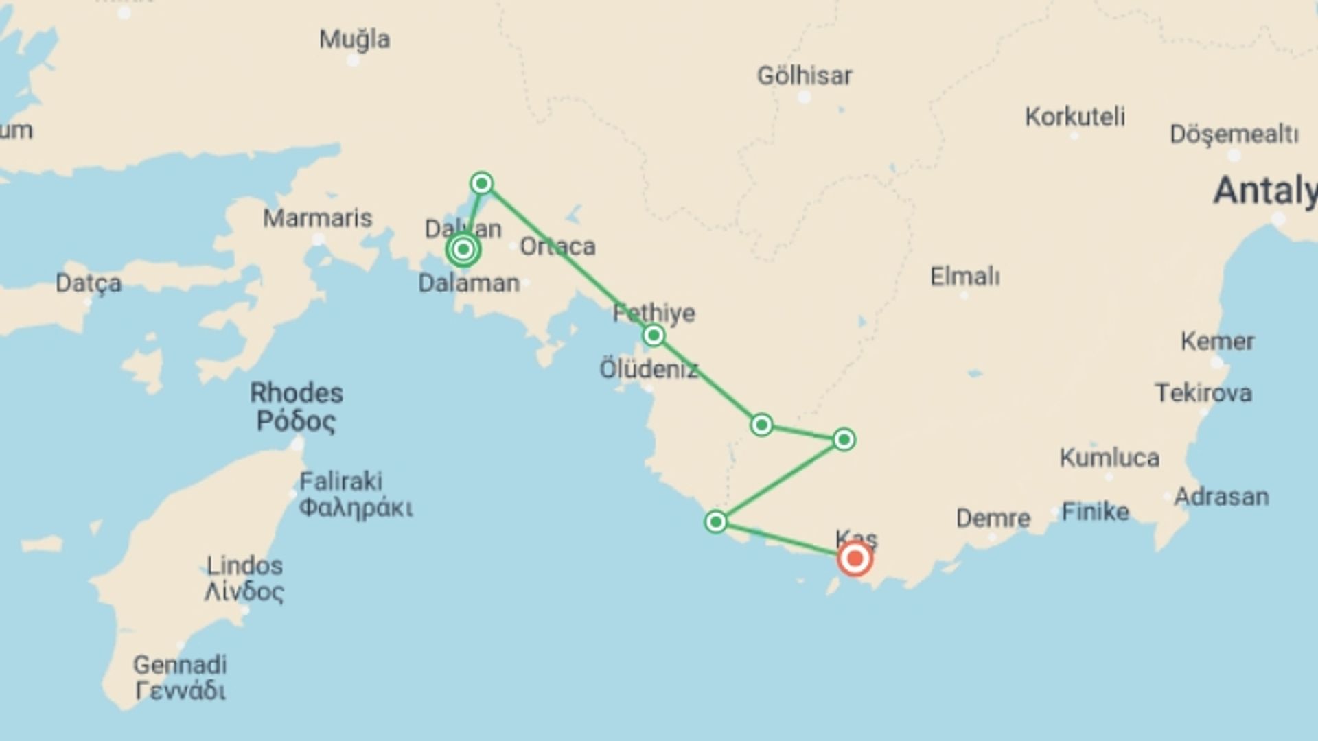 A map showing the tour itinerary for the trip: Cycle Turkey, starting in Dalyan, Turkey and ending in Kas, Turkey going through 5 other destinations.