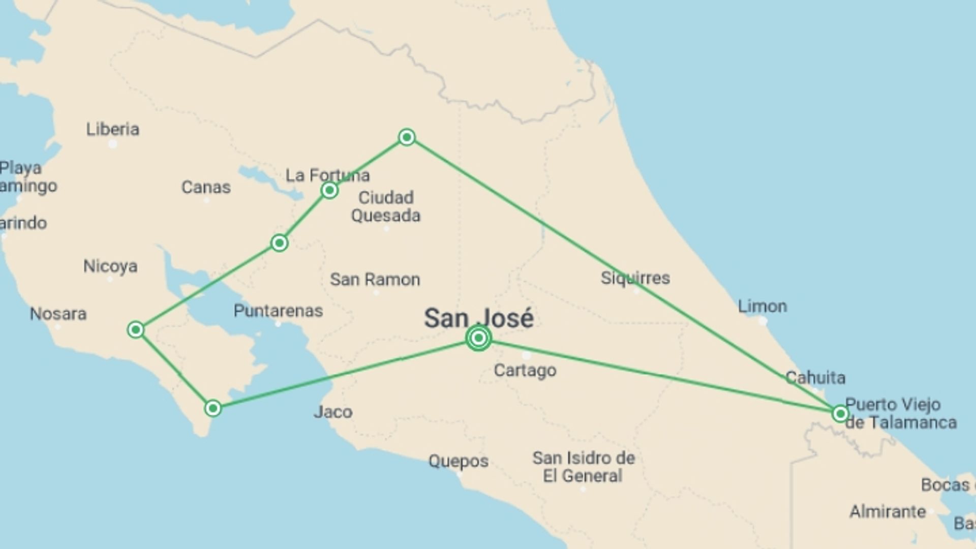 A map showing the tour itinerary for the trip: Basic Costa Rica: Coastlines & Cloud Forests, starting in San Jose, Costa Rica and ending in San Jose, Costa Rica going through 6 other destinations.