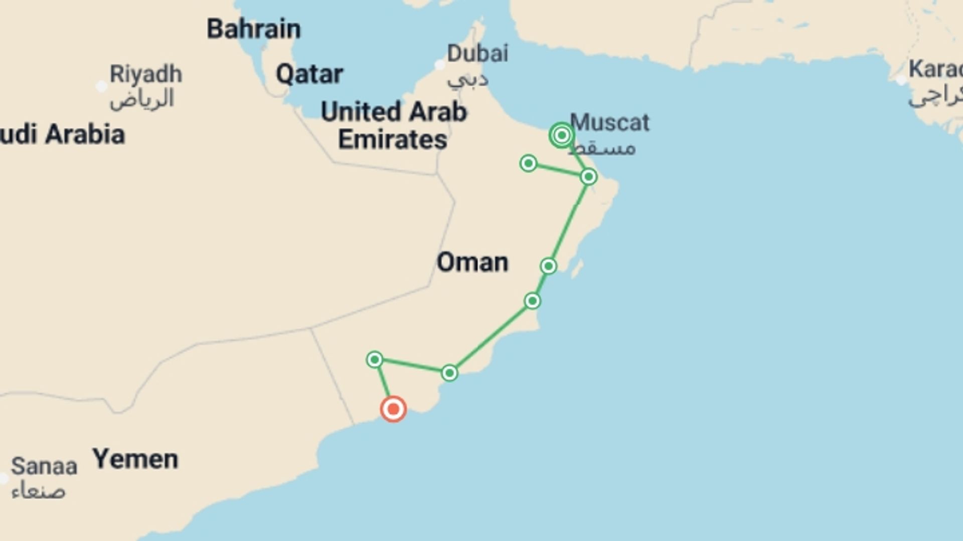A map showing the tour itinerary for the trip: Oman Desert Odyssey, starting in Muscat, Oman and ending in Salalah, Oman going through 6 other destinations.