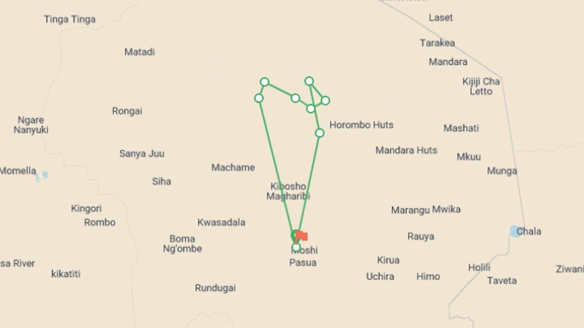 A map showing the tour itinerary for the trip: Kilimanjaro - Machame Route, starting in Moshi, Tanzania and ending in Moshi, Tanzania going through 8 other destinations.