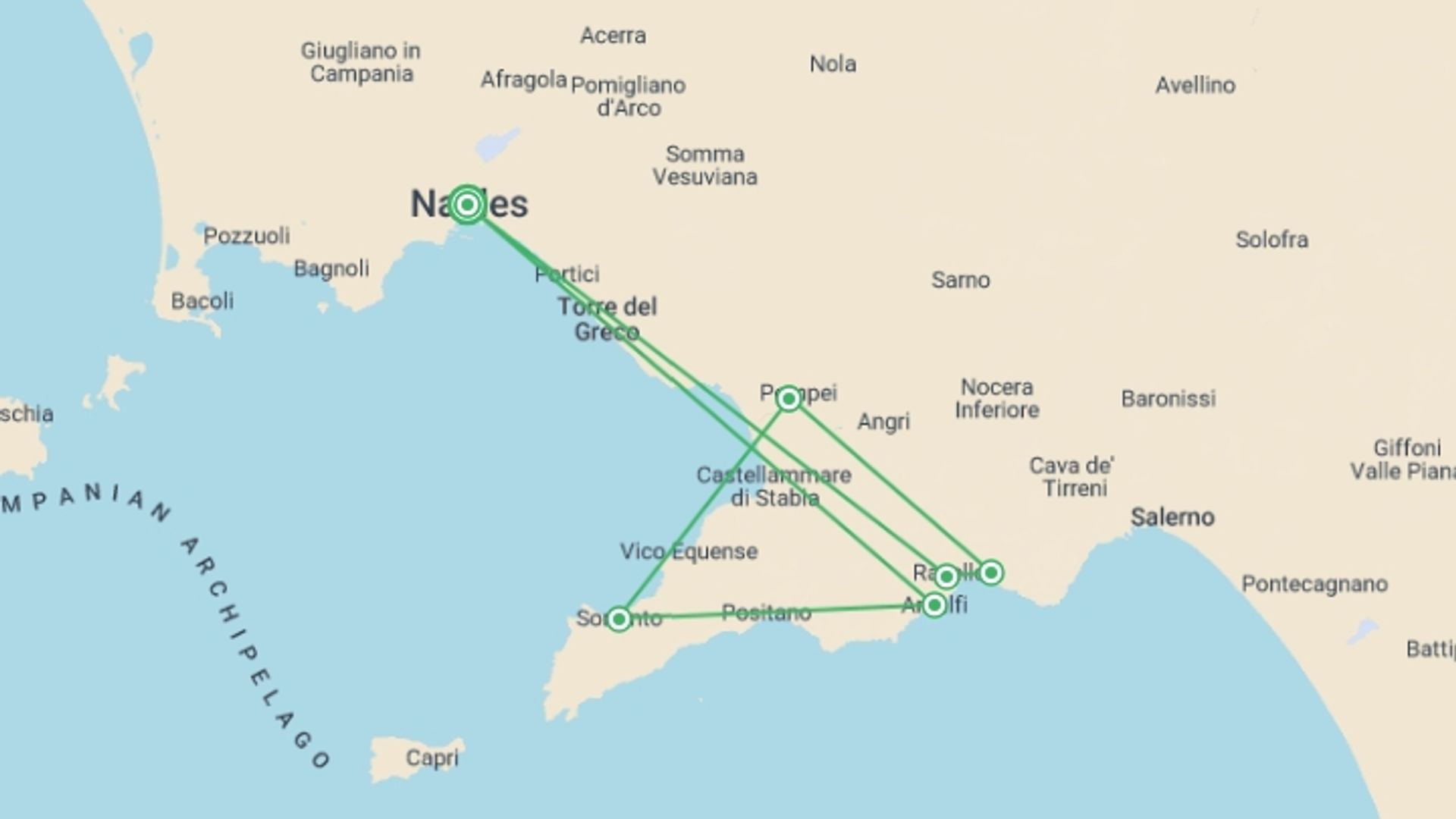 A map showing the tour itinerary for the trip: Amalfi Coast Discovery, starting in Naples, Italy and ending in Naples, Italy going through 0 other destinations.