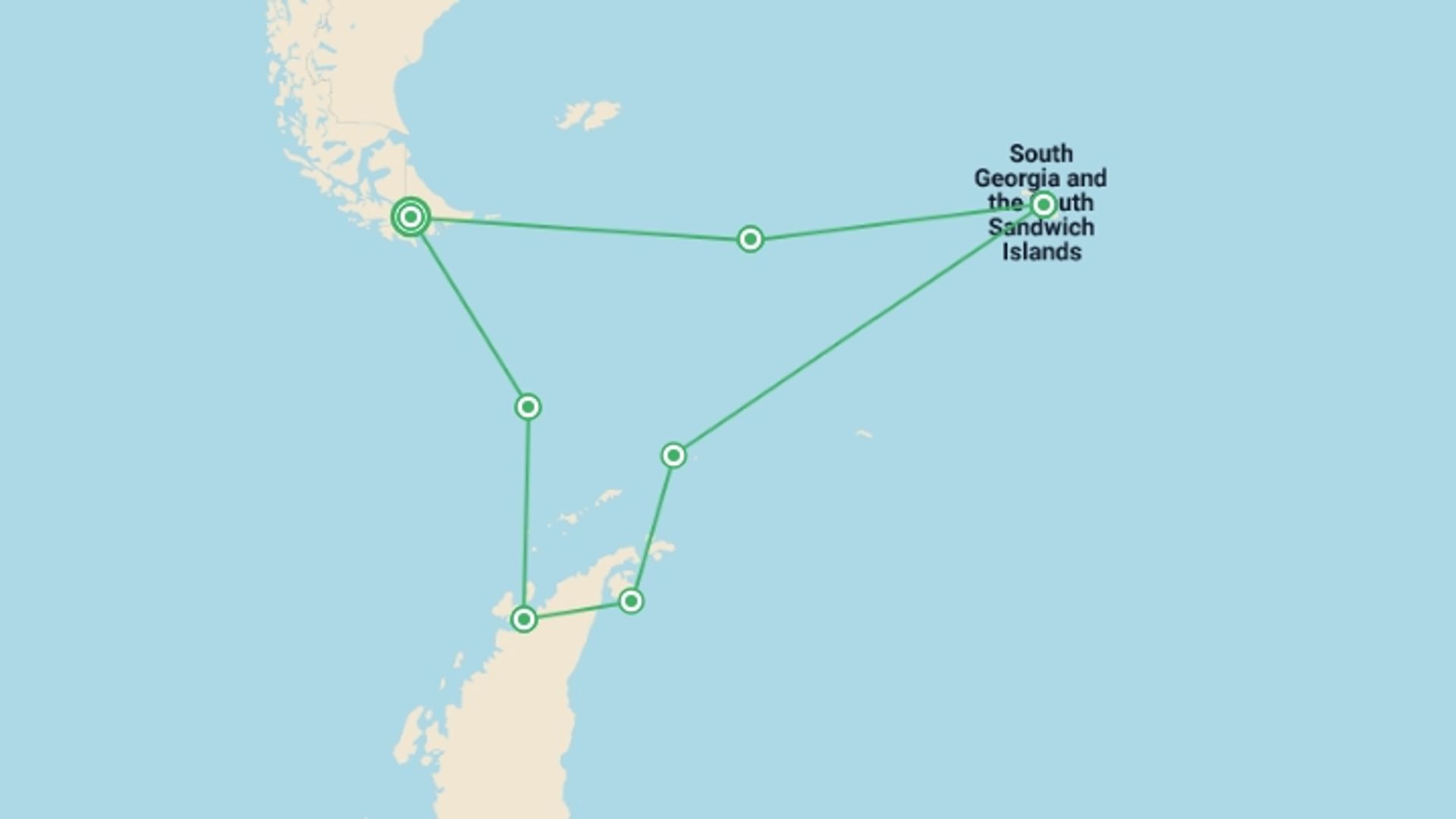 A map showing the tour itinerary for the trip: In Shackleton's Footsteps - M/V Sylvia Earle, starting in Ushuaia, Argentina and ending in Ushuaia, Argentina going through 6 other destinations.