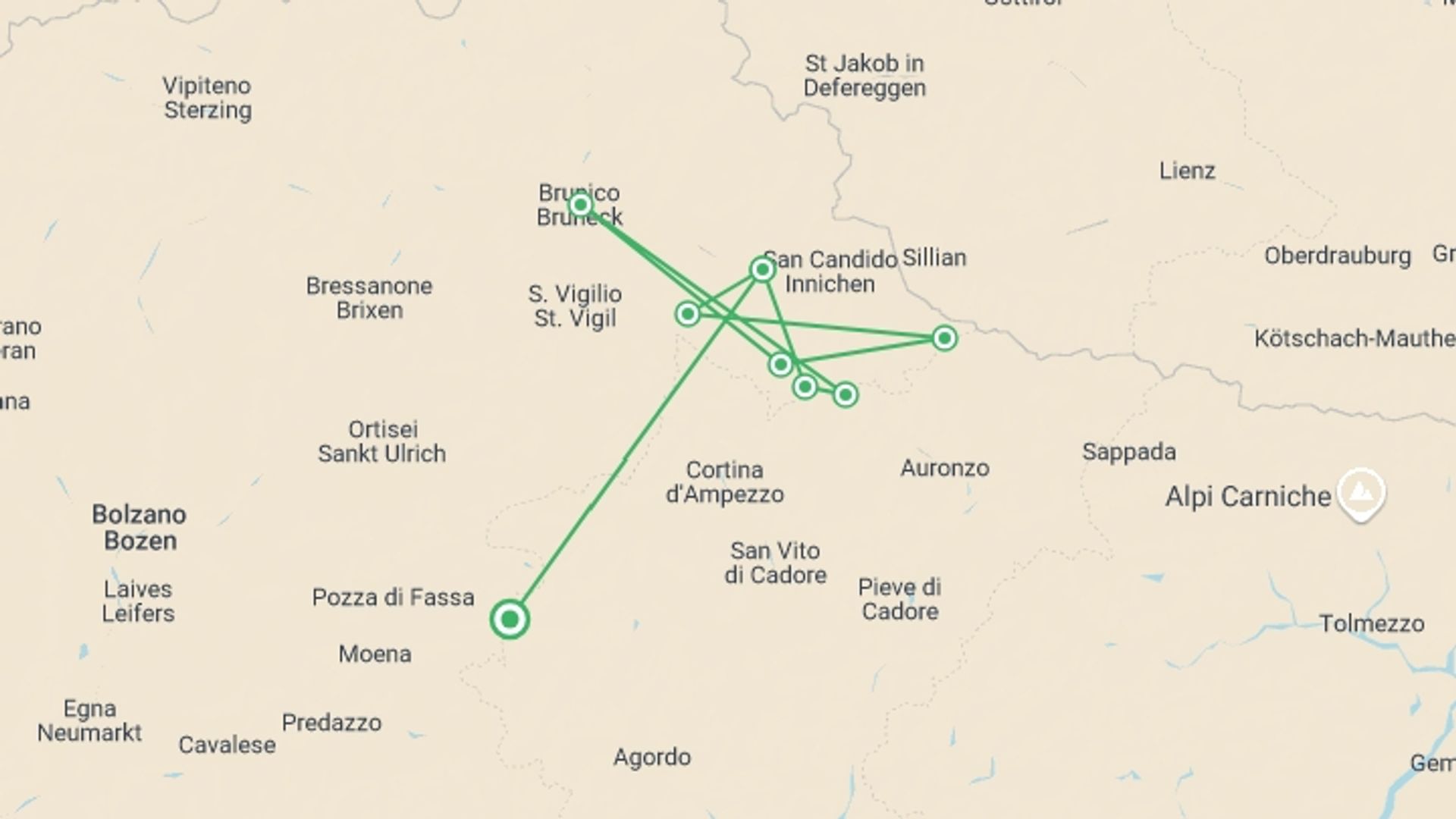 A map showing the tour itinerary for the trip: Classic Dolomites Hikes - Premium Adventure, starting in Dolomites, Italy and ending in Dolomites, Italy going through 7 other destinations.