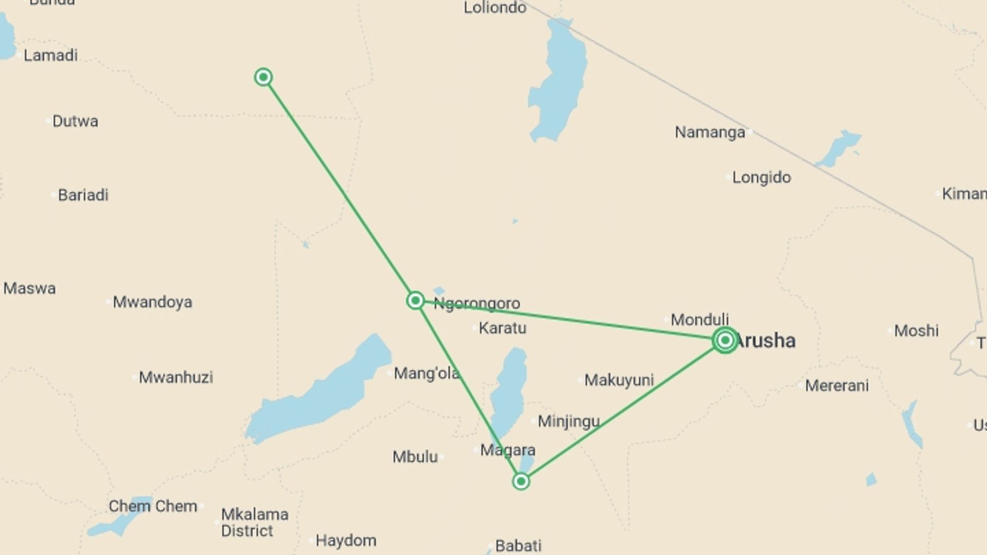 A map showing the tour itinerary for the trip: Premium Tanzania, starting in Arusha, Tanzania and ending in Arusha, Tanzania going through 3 other destinations.