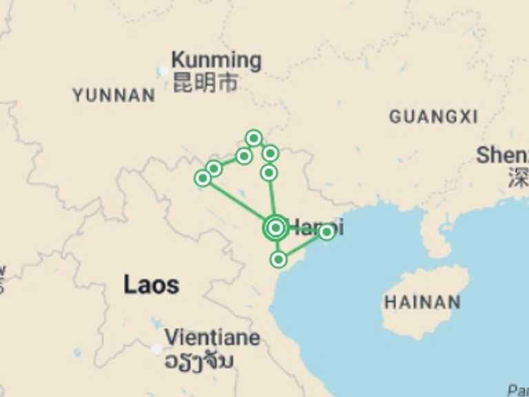 Map itinerary of South East Asia Tour in October 2026 with 9 destination visits for the trip: Northern Vietnam Adventure - 13 days