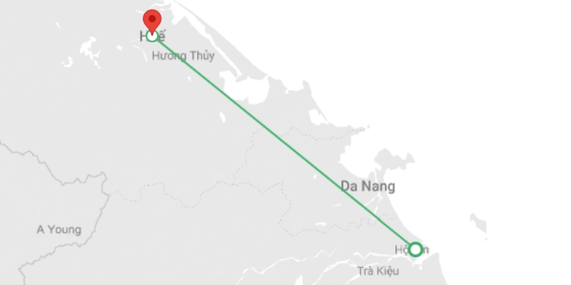 A map showing the tour itinerary for the trip: Central Vietnam Luxury Wellness And Spa, starting in Hoi An, Vietnam and ending in Hue, Vietnam going through 2 other destinations.