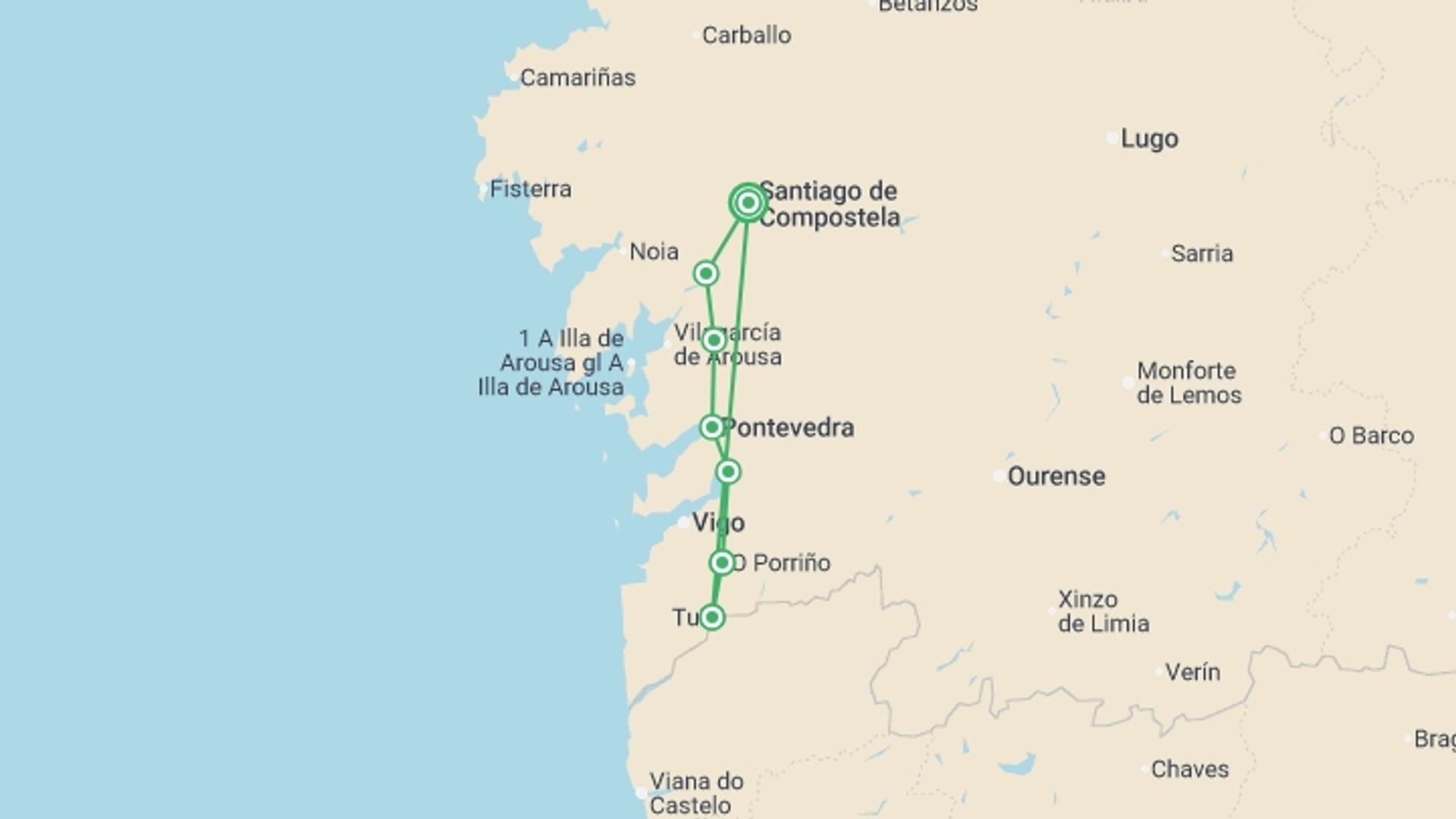 A map showing the tour itinerary for the trip: Portuguese Camino - Tui to Santiago, starting in Santiago De Compostela, Spain and ending in Santiago De Compostela, Spain going through 5 other destinations.