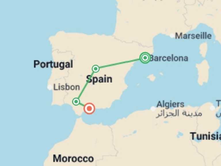 Map of Europe Tour with 4 destination visits for the trip: Highlights of Spain by Rail