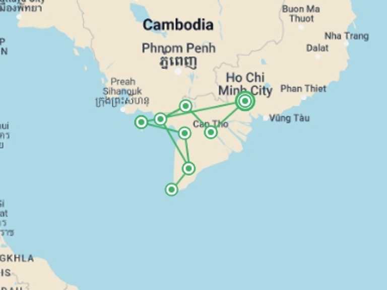 Map of Ho Chi Minh City Beach Tour with 6 destination visits for the trip: Mekong Delta And Phu Quoc Island 12 Days 11 Nights