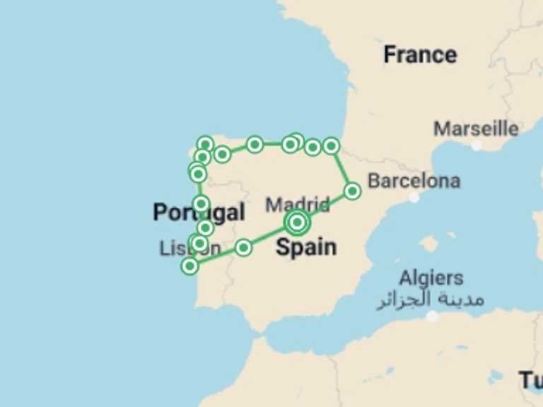 Map itinerary of Lisbon Tour in November 2026 with 10 destination visits for the trip: Best Of Northern Spain And Portugal, 16 Days Tour (multi Country)