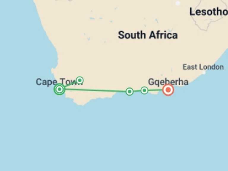 Map itinerary of Cape Town Tour in December 2026 with 9 destination visits for the trip: Cape Town & Garden Route Experience in 13 days