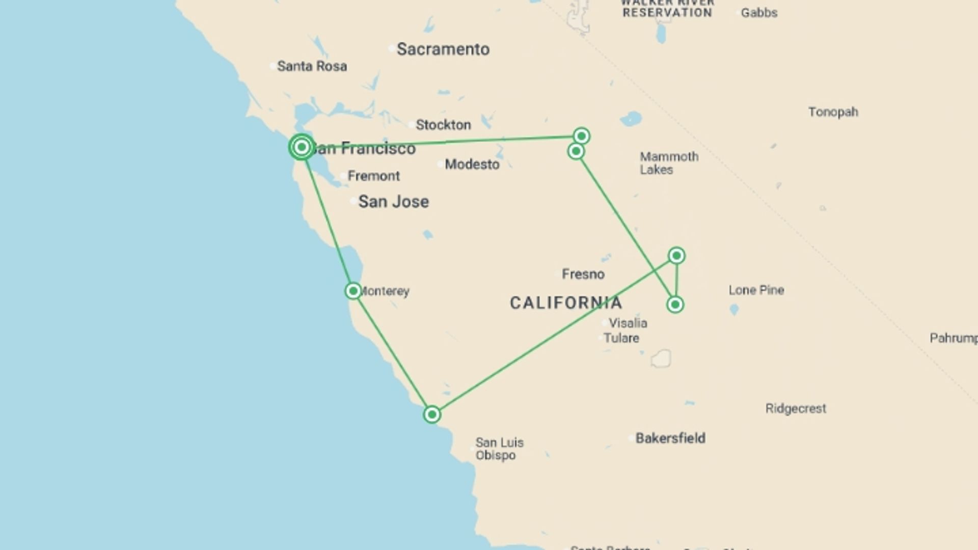 A map showing the tour itinerary for the trip: Wild California Explorer - 8 days, starting in San Francisco, USA and ending in San Francisco, USA going through 5 other destinations.