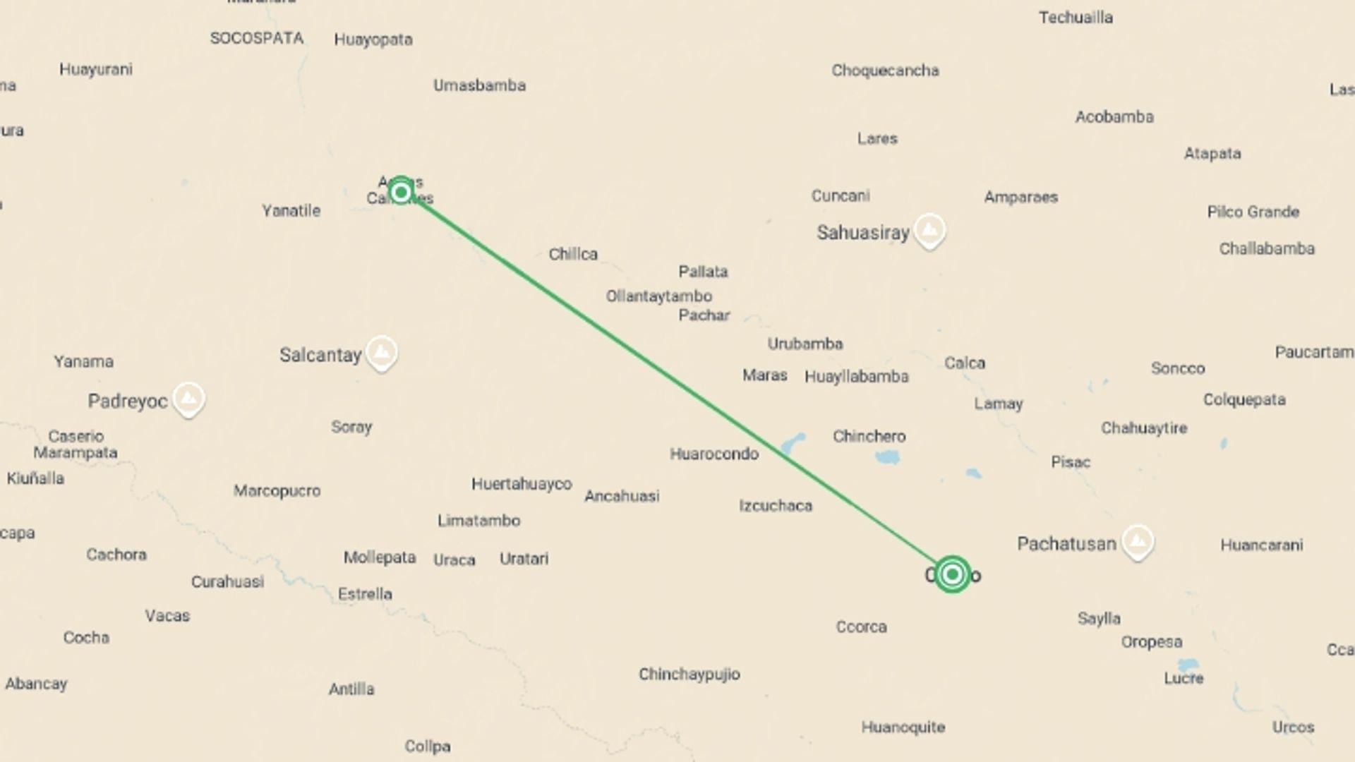 A map showing the tour itinerary for the trip: Trekking the Inca Trail: 4D/3N, starting in Cusco, Peru and ending in Cusco, Peru going through 2 other destinations.