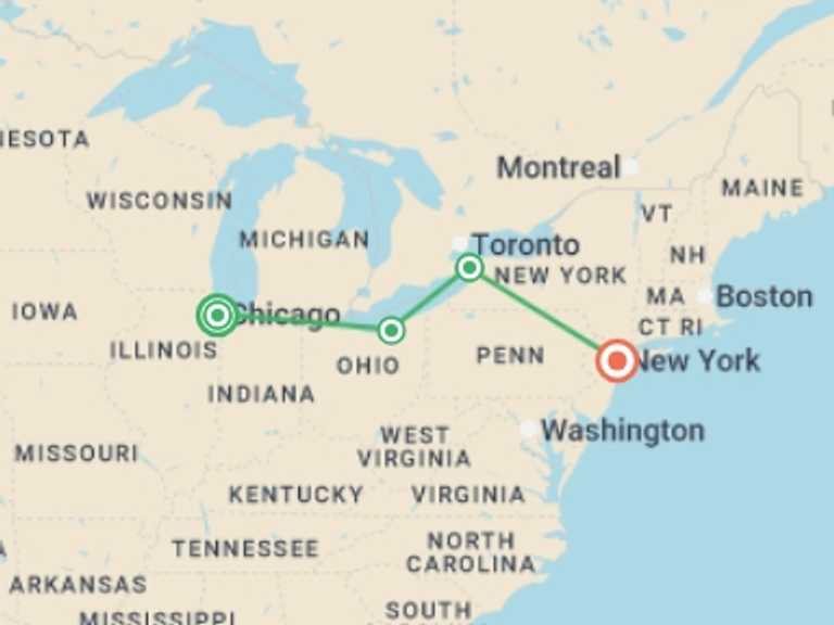 Map of New York Cultural, religious and historic sites Tour with 4 destination visits for the trip: Chicago, Niagara and New York