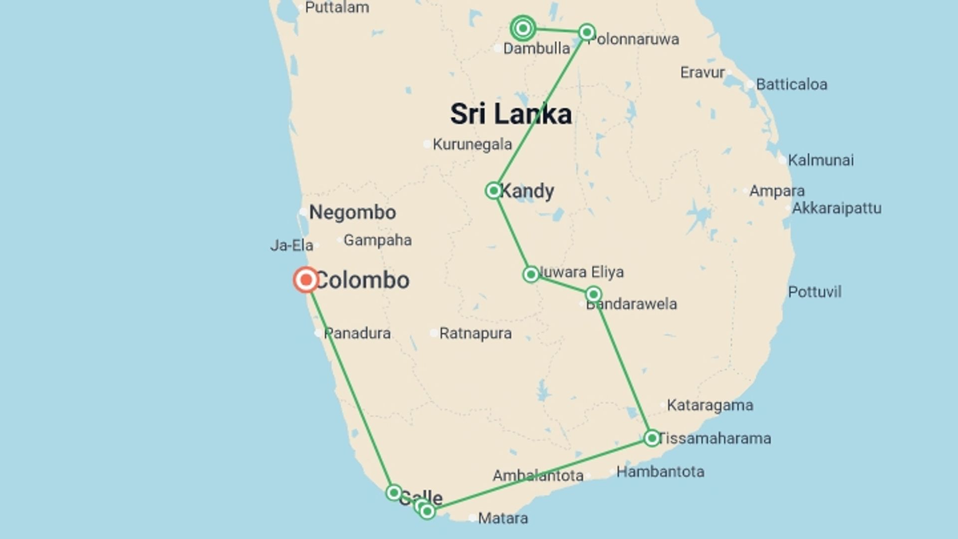 A map showing the tour itinerary for the trip: Cycle the Back Roads of Sri Lanka, starting in Sigiriya, Sri Lanka and ending in Colombo, Sri Lanka going through 7 other destinations.