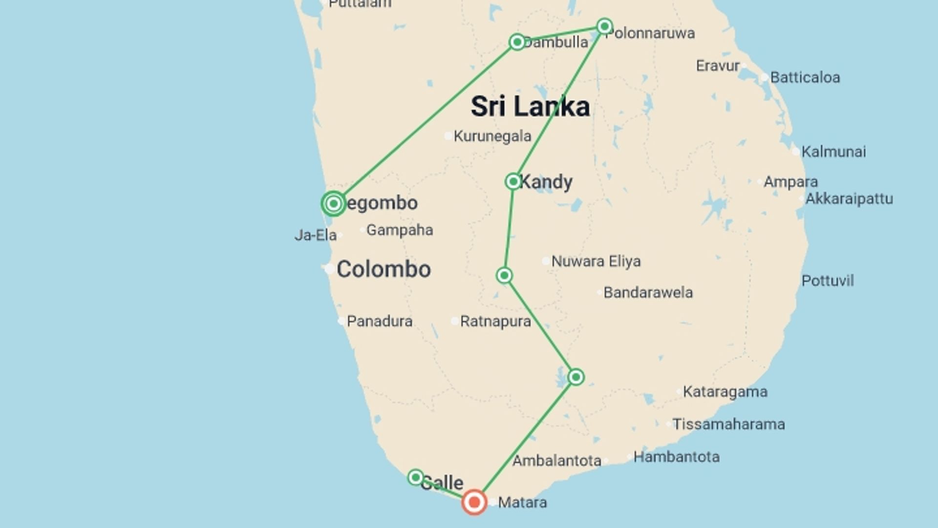 A map showing the tour itinerary for the trip: Amazing Sri Lanka Cycling Tour, starting in Negombo, Sri Lanka and ending in Mirissa, Sri Lanka going through 6 other destinations.
