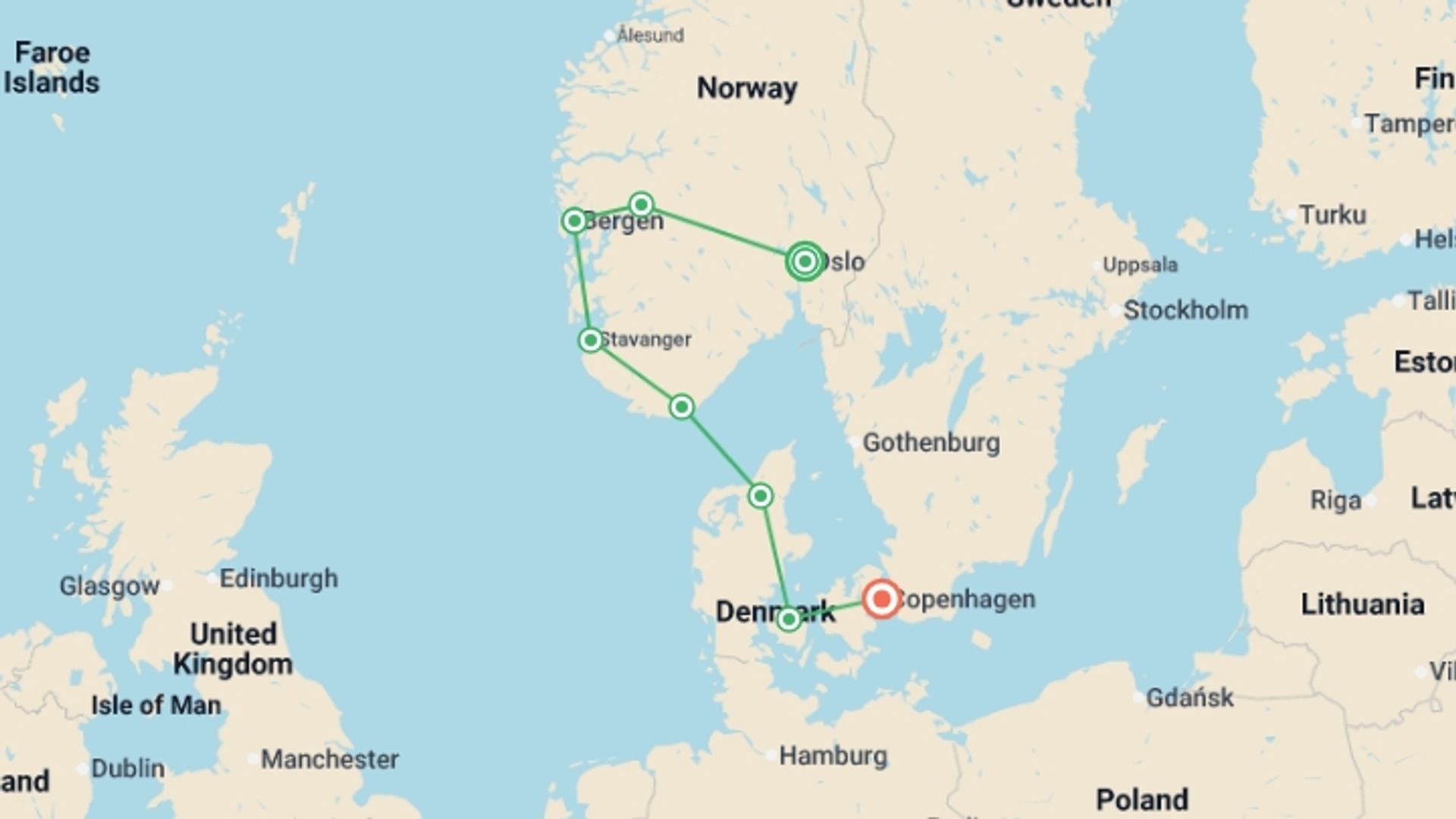 A map showing the tour itinerary for the trip: Country Roads of Scandinavia, starting in Oslo, Norway and ending in Copenhagen, Denmark going through 6 other destinations.