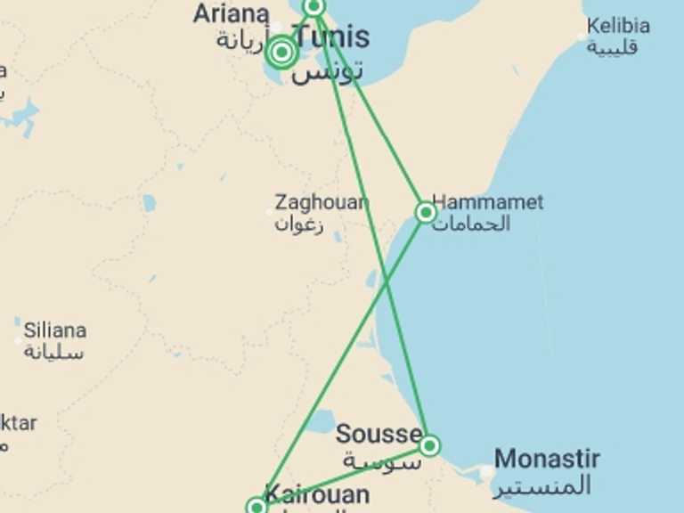 Map itinerary of Tunisia Tour in February 2027 with 5 destination visits for the trip: Discover Tunisia, Self-drive