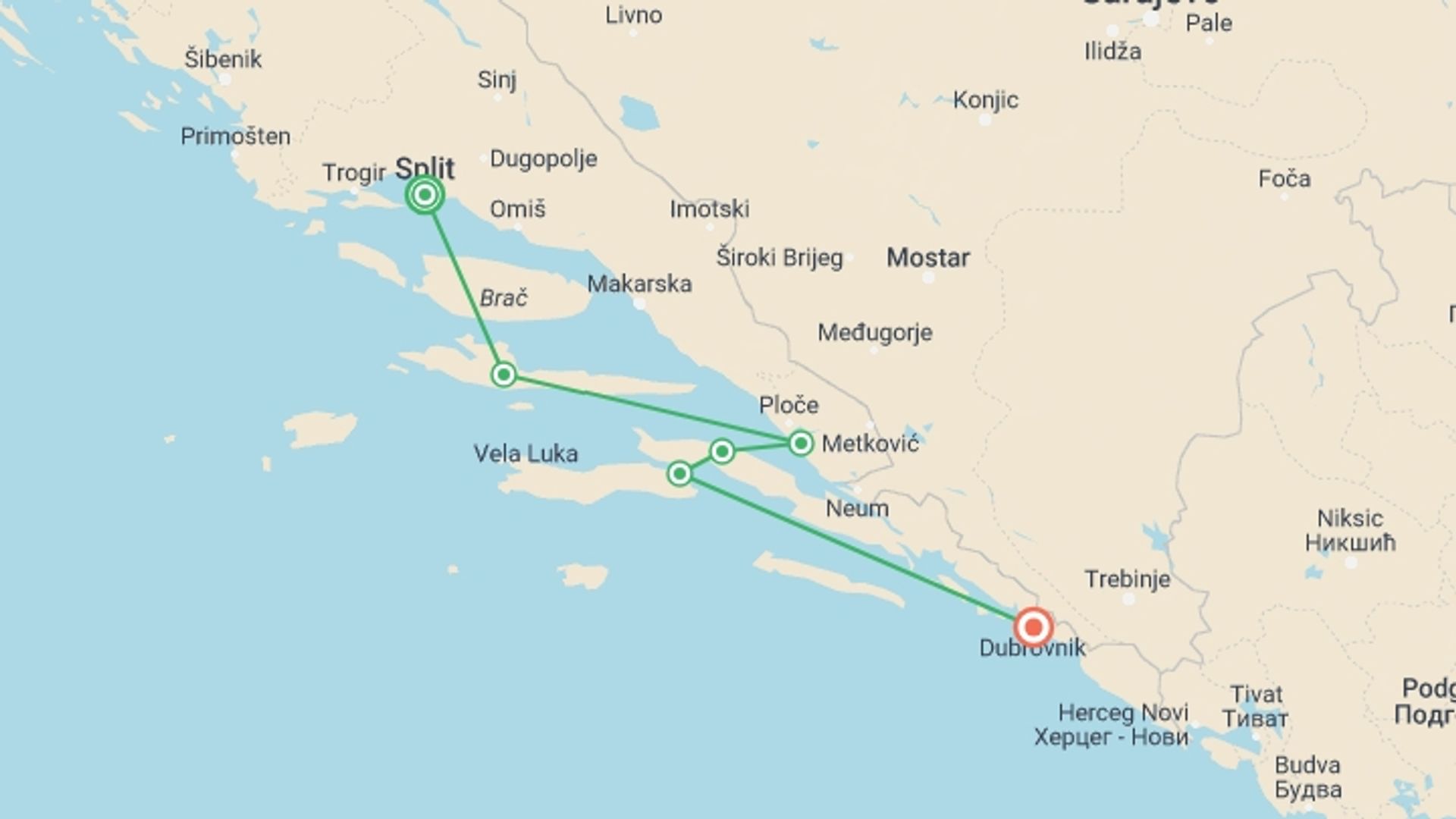 A map showing the tour itinerary for the trip: Croatian Coastal Cruising - Split to Dubrovnik (Aurora), starting in Split, Croatia and ending in Dubrovnik, Croatia going through 4 other destinations.
