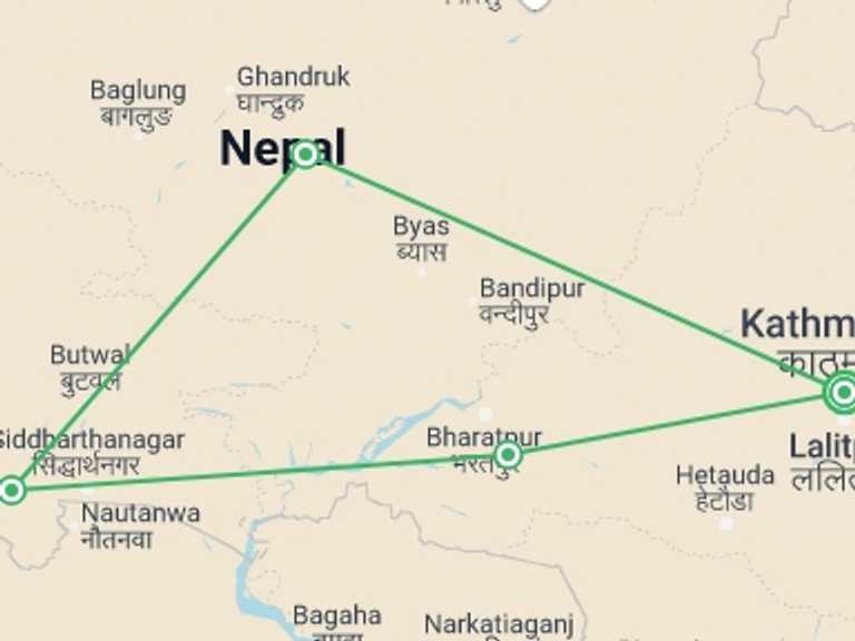 Map of Kathmandu Sightseeing Tour with 4 destination visits for the trip: Nepal 10 days 9 nights Cultural Tour & Jungle Activities