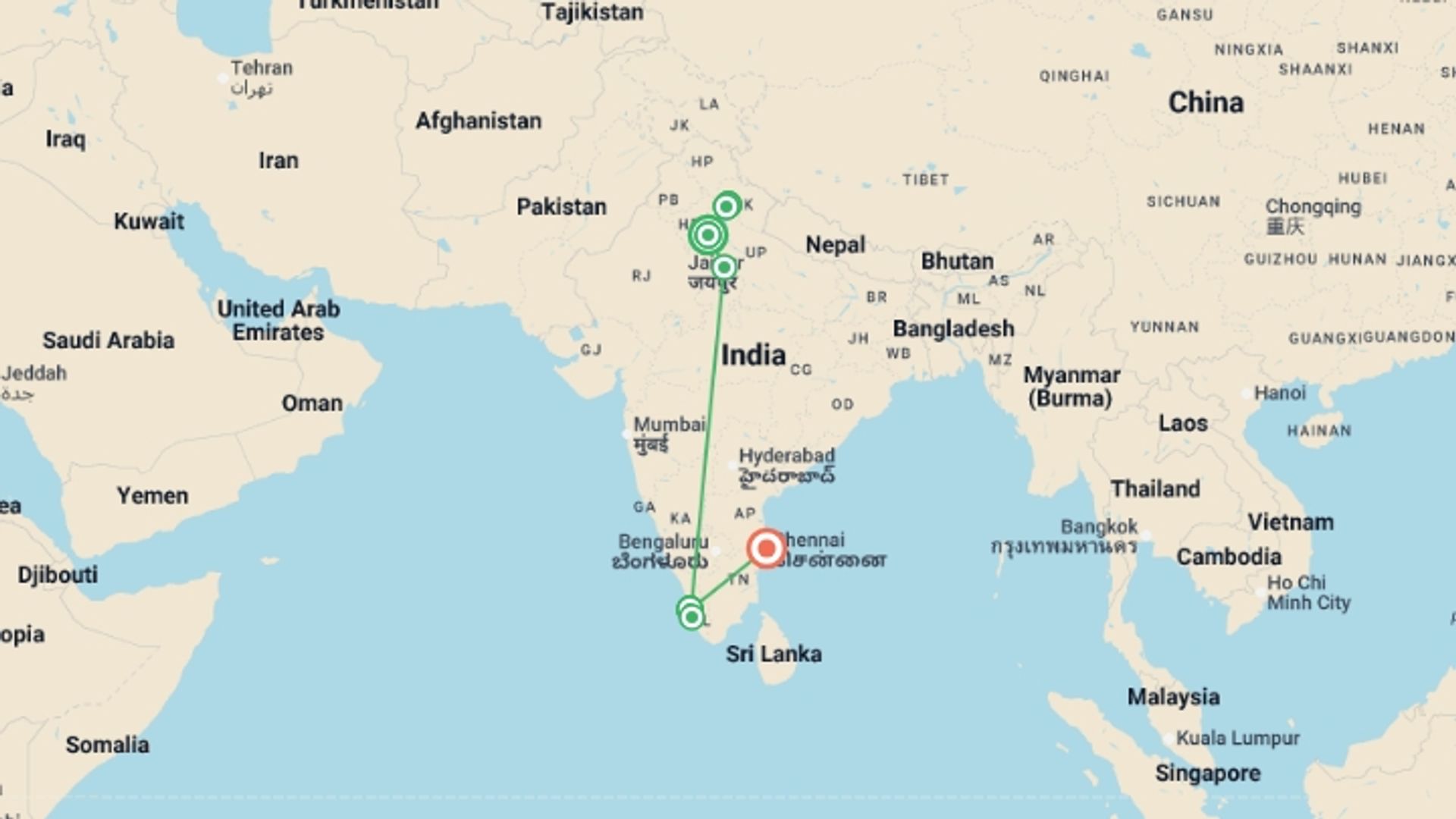 A map showing the tour itinerary for the trip: Yoga And Wellness In India, starting in New Delhi, India and ending in Chennai, India going through 4 other destinations.